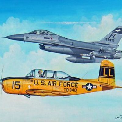 Commissioned by the Lima Lima Flight Team for the 2007 ICAS silent auction, the painting shows the T-34 of Lt. Col. Skip Aldous, USAF (ret) and the F-16 he flew while commander of the 159th FIS of the Florida Air National Guard.