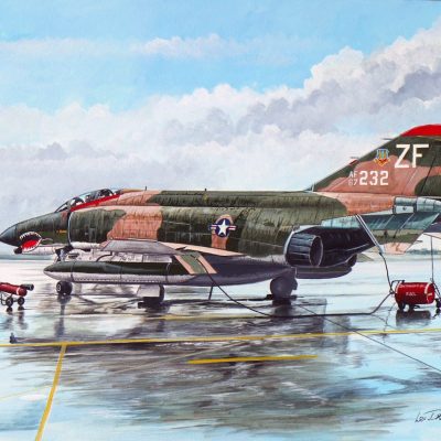 Mig-killing F-4E Phantom on a rain-swept ramp in Thailand, 1972