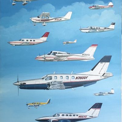 Recently completed commission for John Arnold, celebrating 38 years of Arnold Aviation, showing airplanes they have owned and flown.