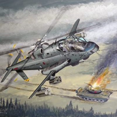 A Lockheed AH-56 Cheyenne in combat with Soviet armor in the 1980s.