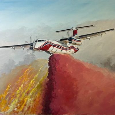 Commissioned by Conair Group, Inc of Abbotsford, B.C. Shows one of their Dash 8 fire-fighting tankers dropping retardant on a hot fire in Canada.
