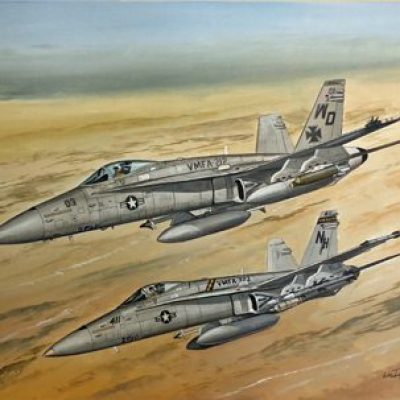 The painting shows the F/A-18C flown by his father, Major W.C. Guilfoyle, USMC, during Desert Storm.