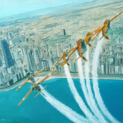 The Lima Lima Flight Team in a six-ship loop over the Chicago lakefront during the Chicago Air & Water Show.